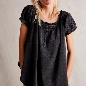 Free people washed black ruffle trim puff sleeve muse tunic